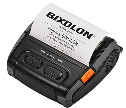 A Bixolon compact thermal printer in black plastic, shown with a white paper roll partially ejected. The printer features a black body with a small orange switch and a white printed label on the paper.