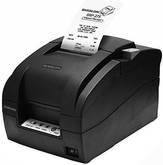 A black Bixolon SRP-275III dot matrix printer with a piece of paper partially inserted into the printer.