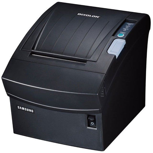 A black Bixolon SRP-350III receipt printer with a Samsung logo, designed for printing Point of Sale receipts.