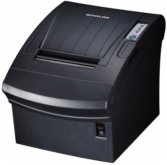 A black Bixolon SRP-350plus receipt printer with a slot for paper output on the top.