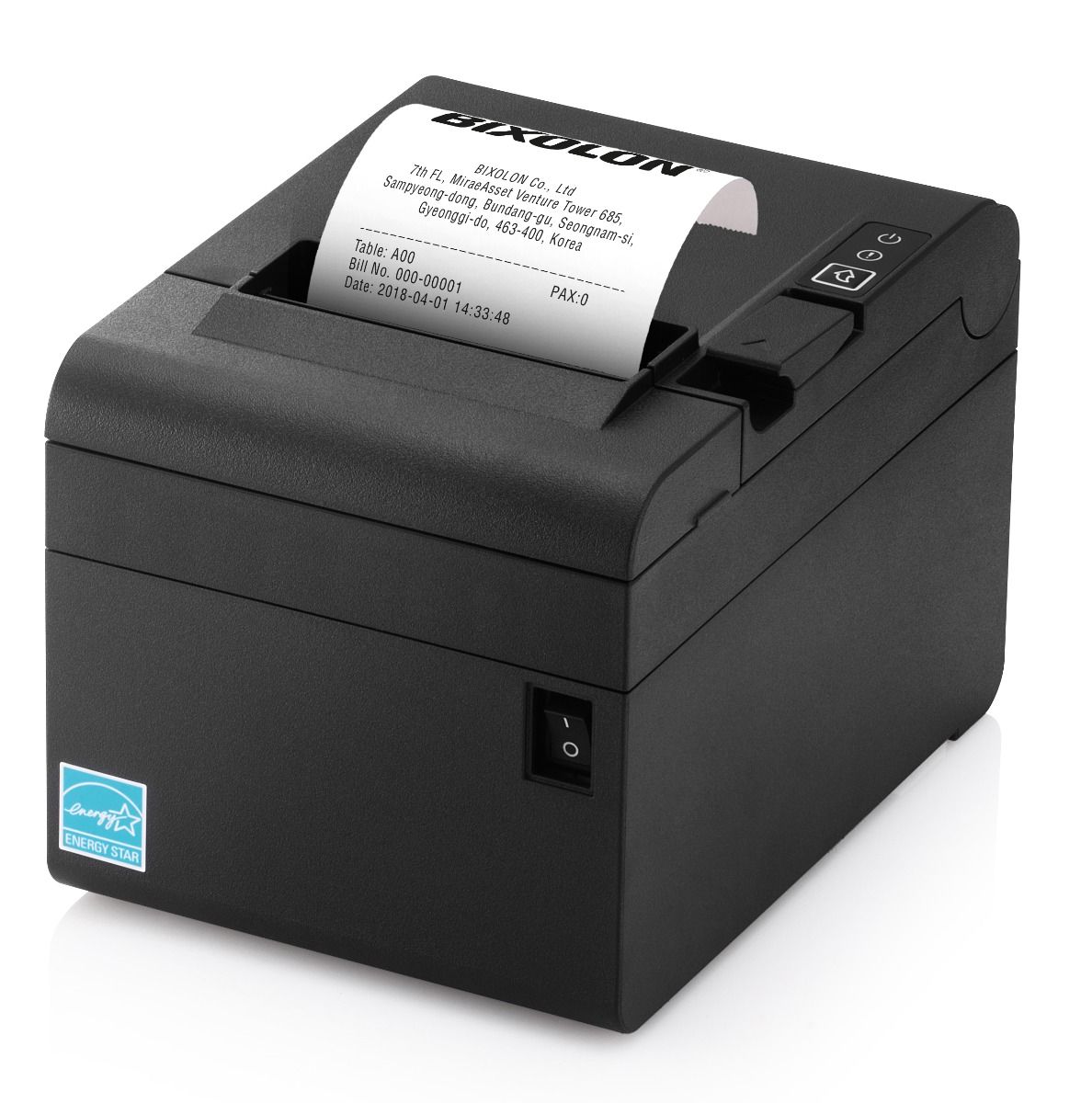 A black Bixolon SRP-E300 receipt printer with a piece of paper partially dispensed from the print slot.