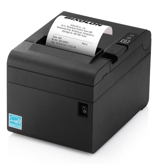 A black Bixolon SRP-E300 receipt printer with a piece of paper partially dispensed from the print slot.