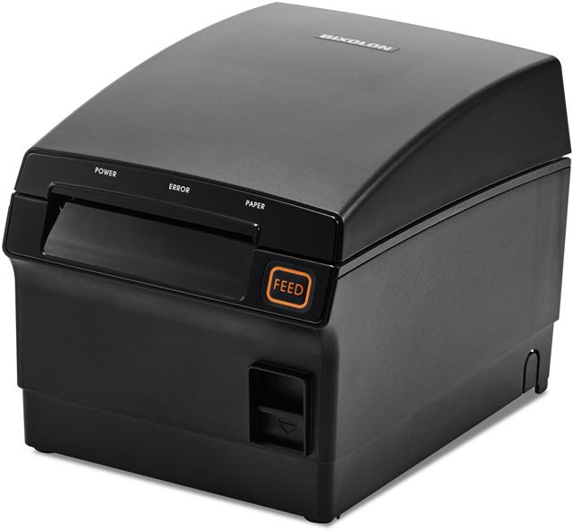 A black Bixolon SRP-F310II receipt printer with a visible feed button, designed for desktop use and connected via Ethernet.
