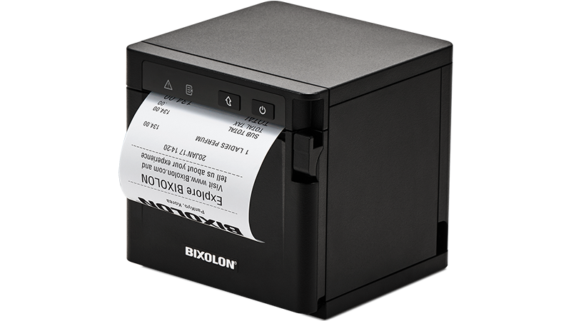 A black Bixolon SRP-Q300 receipt printer with a roll of paper, featuring a cube design and a mini LCD customer display.