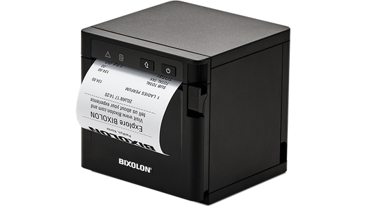 A black Bixolon SRP-Q300 receipt printer with a roll of paper, featuring a cube design and a mini LCD customer display.
