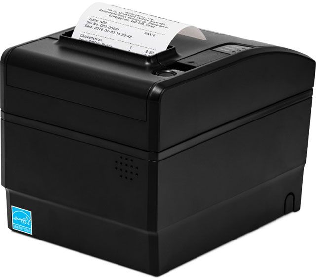 A black Bixolon SRP-S300 receipt printer with a printed receipt coming out of the top.