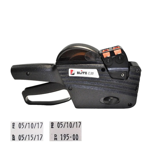 A black Blitz C20 price labeller with two lines of text displayed on labels, indicating a price and date.