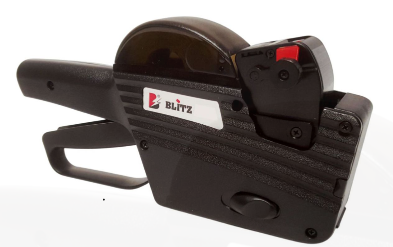 A black Blitz brand handheld plastic tool with a textured grip, a curved handle, and a small red switch on the side, shown against a plain white background.