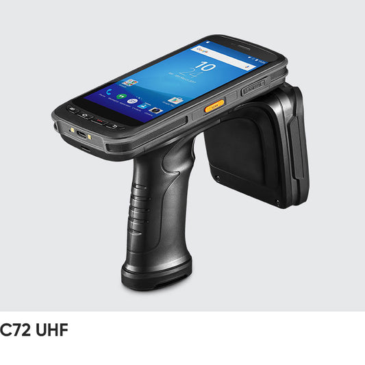 Handheld device with a smartphone screen on a light gray background