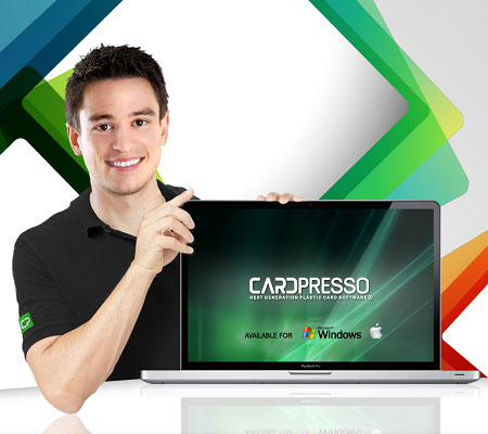 A person holding a laptop with a presentation of 'CARDPRESSO ID DESIGN SOFTWARE' on the screen, indicating that the software is available for Windows and Apple platforms.