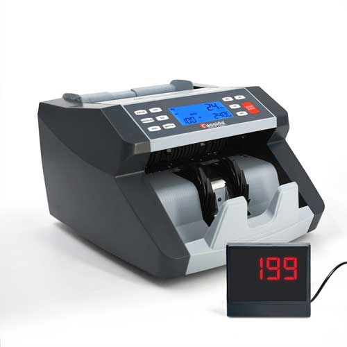 A Cassida 5520 Series Bill Counter machine, predominantly gray and black, with a digital display showing the number 199.
