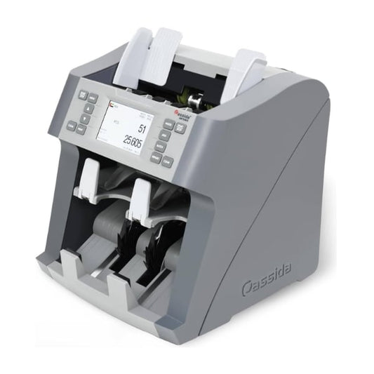 Gray and white currency counting machine with digital display on a white background