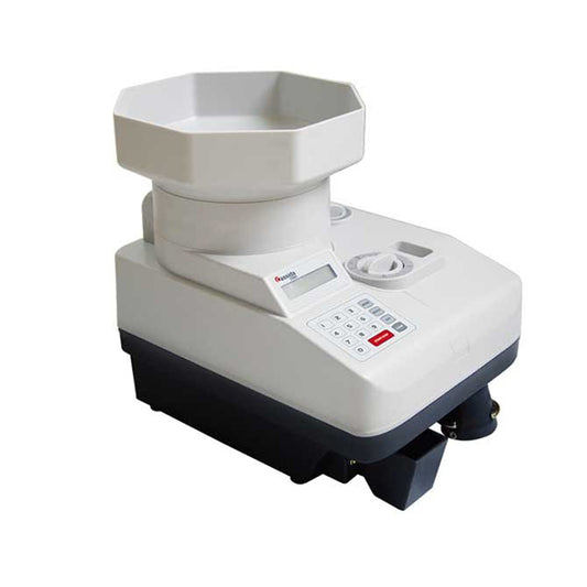 A white Cassida C550 coin counting machine with a digital display and coin hopper on top.