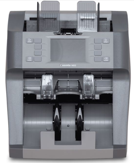 A Cassida Neo currency counting machine, predominantly gray in color, with a digital display and multiple bill slots.