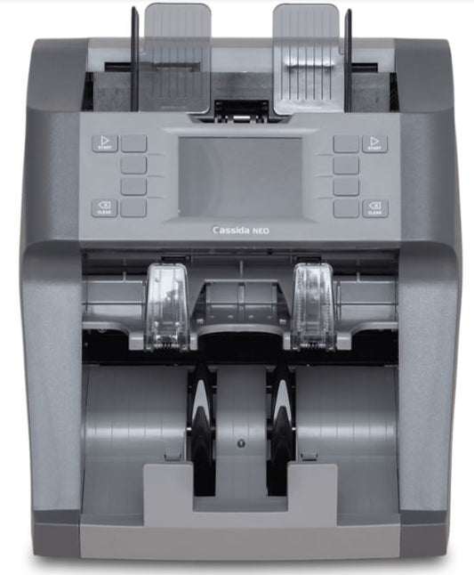 A Cassida Neo currency counting machine, predominantly gray in color, with a digital display and multiple bill slots.
