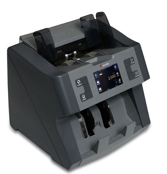 A Cassida Xpecto Multi-currency Mix Value Counter, a machine used for counting banknotes, with a digital display and two note slots on the front.