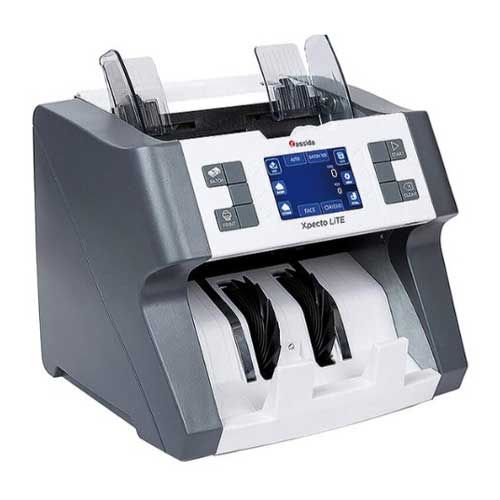A Cassida Xpecto LiTE single pocket mix value currency counting machine with a digital display, buttons for operation, and dual bill入口.