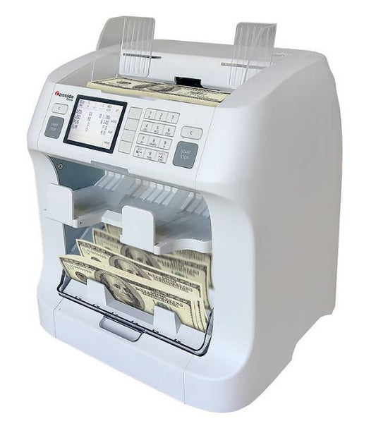 A Cassida Zeus 2-pocket sorting machine with paper bills inside, displaying various operation modes on its control panel.