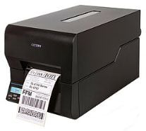 A black Citizen CL-E720UBNN barcode label printer with a label rolling out of it.