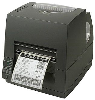 Citizen CL-S621II Barcode Label Printer, black, with a label coming out of the slot.