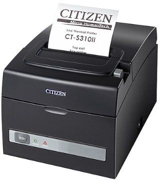 A black Citizen CT-S310II-U-BK thermal receipt printer with a printed receipt coming out of the top.