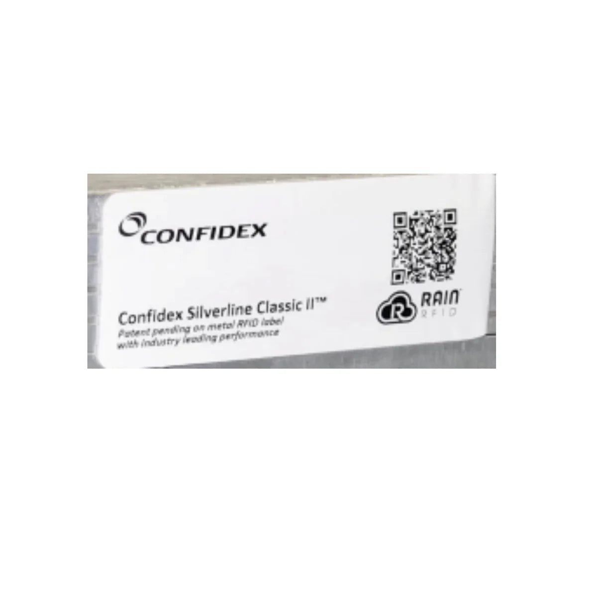 Confidex Silverline Classic II RFID label with QR code on a white background