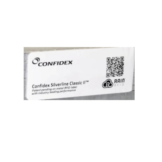 Confidex Silverline Classic II RFID label with QR code on a white background