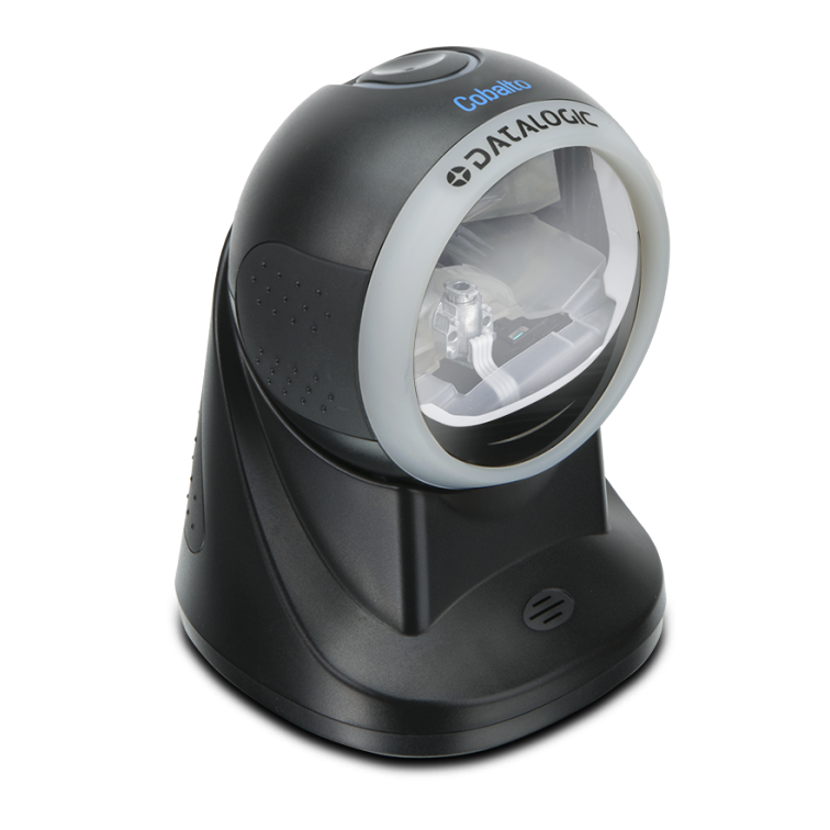 A black Datalogic fixed retail scanner with a rotating head, designed for reading 1D barcodes.