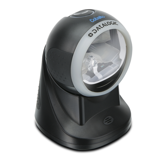 A black Datalogic fixed retail scanner with a rotating head, designed for reading 1D barcodes.