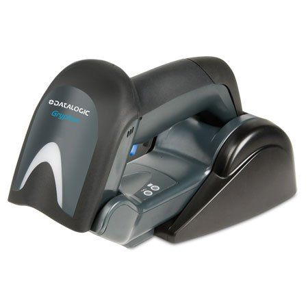 Datalogic GBT4132-BK-BTK1 Barcode Scanner, black, with a cradle, designed for point-of-sale applications.
