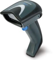 Handheld barcode scanner with a black body and a blue trigger, branded by Datalogic.