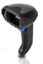 A black Datalogic GM4500 barcode scanner with a blue accent, designed for point-of-sale applications.
