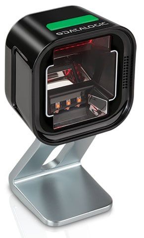 Datalogic barcode scanner mounted on a stand, primarily black in color with a green accent on the top part.