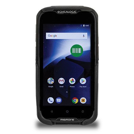 Datalogic Memor 10 Mobile Computer with a black casing, displaying a colorful screen with various application icons and a Google search bar.