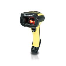 Handheld barcode scanner with yellow and black design on a white background