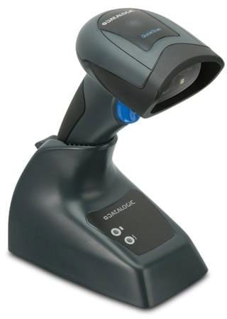 Datalogic QBT2430-BK-BTK1 barcode scanner with a black body on a stand, featuring a blue trigger and green LED indicator.