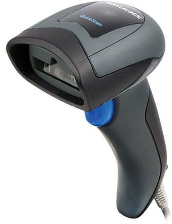 Datalogic QD2131-BKK1S handheld barcode scanner in black with a blue trigger.