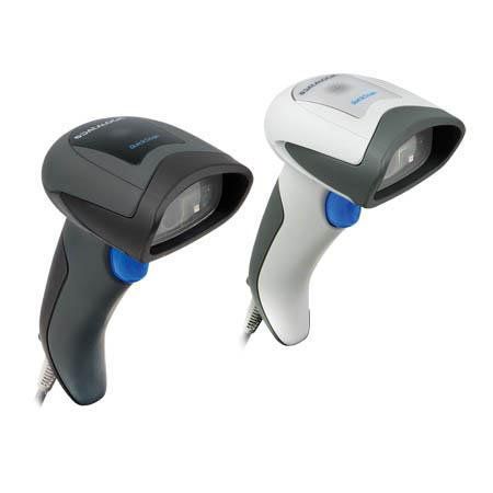Datalogic QD2430-BKK1S Barcode Scanner, featuring a black and white handheld scanner with blue accents.
