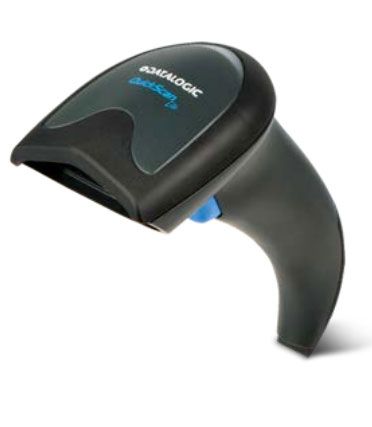 Datalogic QW2420-BKK11 handheld barcode scanner with a blue aiming dot, predominantly black in color.