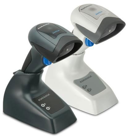 Datalogic QuickScan QBT2131 Barcode Scanner shown in black and white colors with its charging cradle.