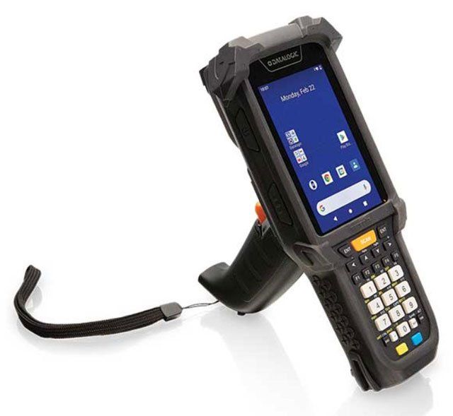Datalogic Skorpio X5 Mobile Computer with a black casing, numeric keypad, and a screen displaying the Android operating system interface.