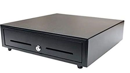 A black E-POS Cash Drawer ECH-410, closed, with a key in the lock.