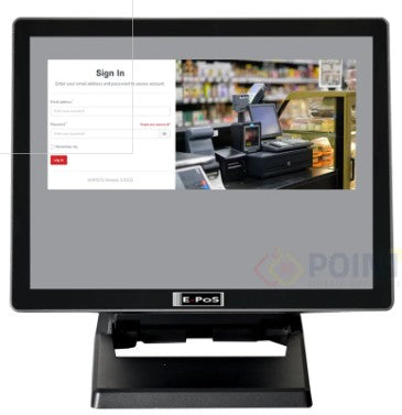 POS system monitor displaying a login screen with a grocery store checkout area in the background.