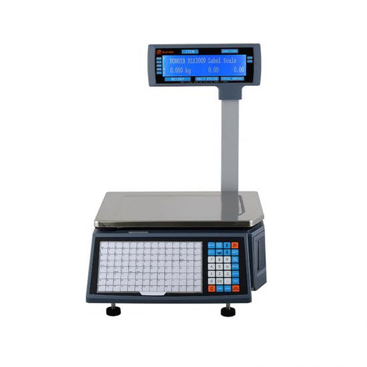 A digital E-Pos weighing scale with a blue display and a thermal label printer attached to the top.