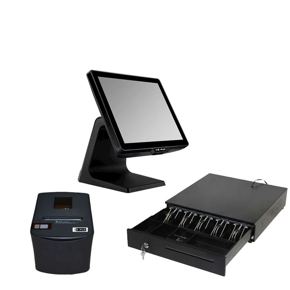 An all-in-one POS system with a black terminal, stand, thermal receipt printer, and an open cash drawer showing lock and key mechanism.