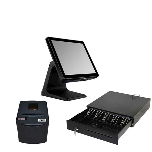 An all-in-one POS system with a black terminal, stand, thermal receipt printer, and an open cash drawer showing lock and key mechanism.