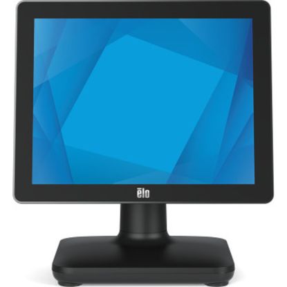A black 15-inch EloPOS System touchscreen all-in-one computer with a stand, displaying a blue screen wallpaper.