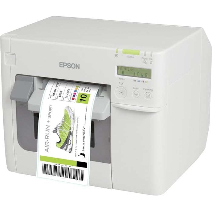 Epson ColorWorks C3500 Color Label Printer, white, with a label printing process visible