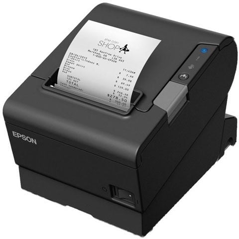 An Epson TM-T88VI receipt printer in black, with a printed receipt coming out of the top.