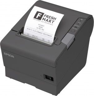 An Epson TM-T88V receipt printer in gray, with a receipt printed coming out of the top. The printer is connected to a device via a USB cable.